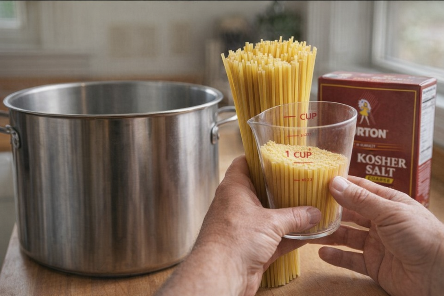 A close-up shot of dried spaghetti being measured out next to a large stainless steel pot and a box of kosher salt, natural daylight